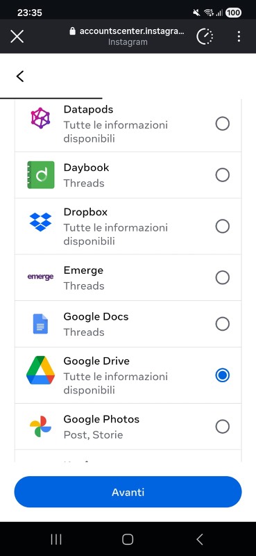 Destination list with Google Drive selected